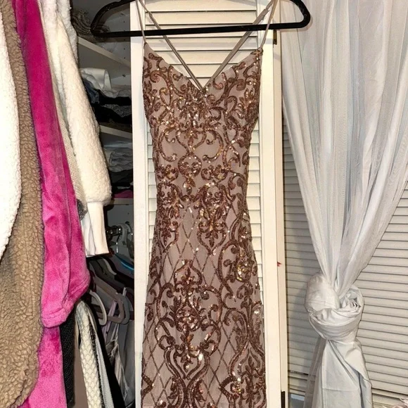 slim fit dress slacks Dipped In Gold Sequin Open Back Mini Dress main image 1